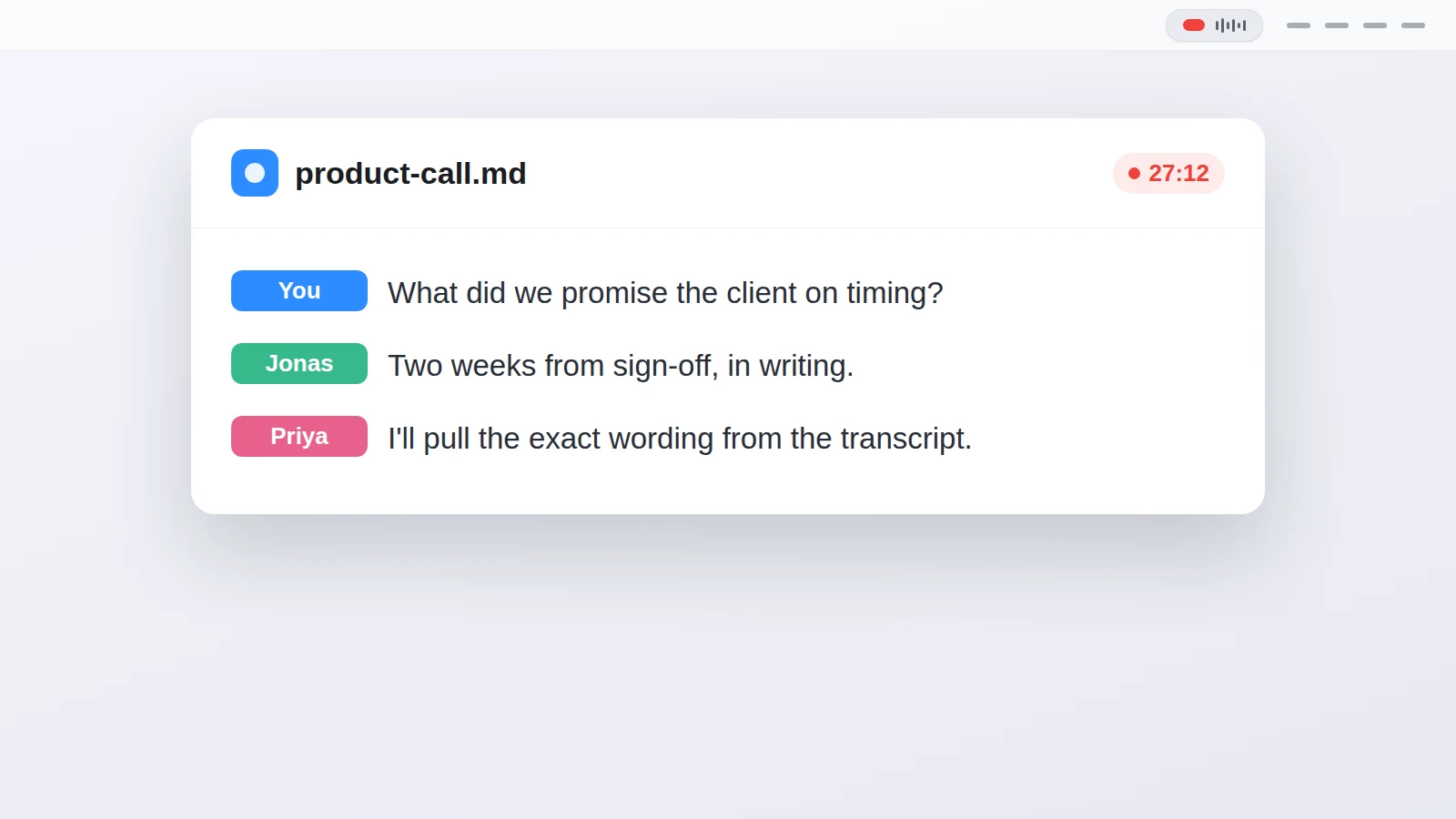 local ai transcription, the Transcriber recording pill and live transcript