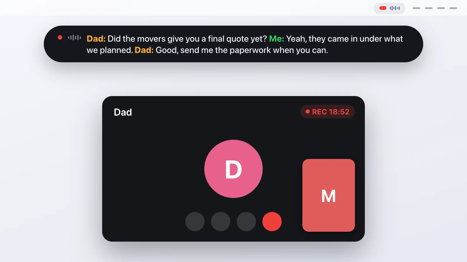 how to record a facetime call, the Transcriber recording pill and live transcript bar