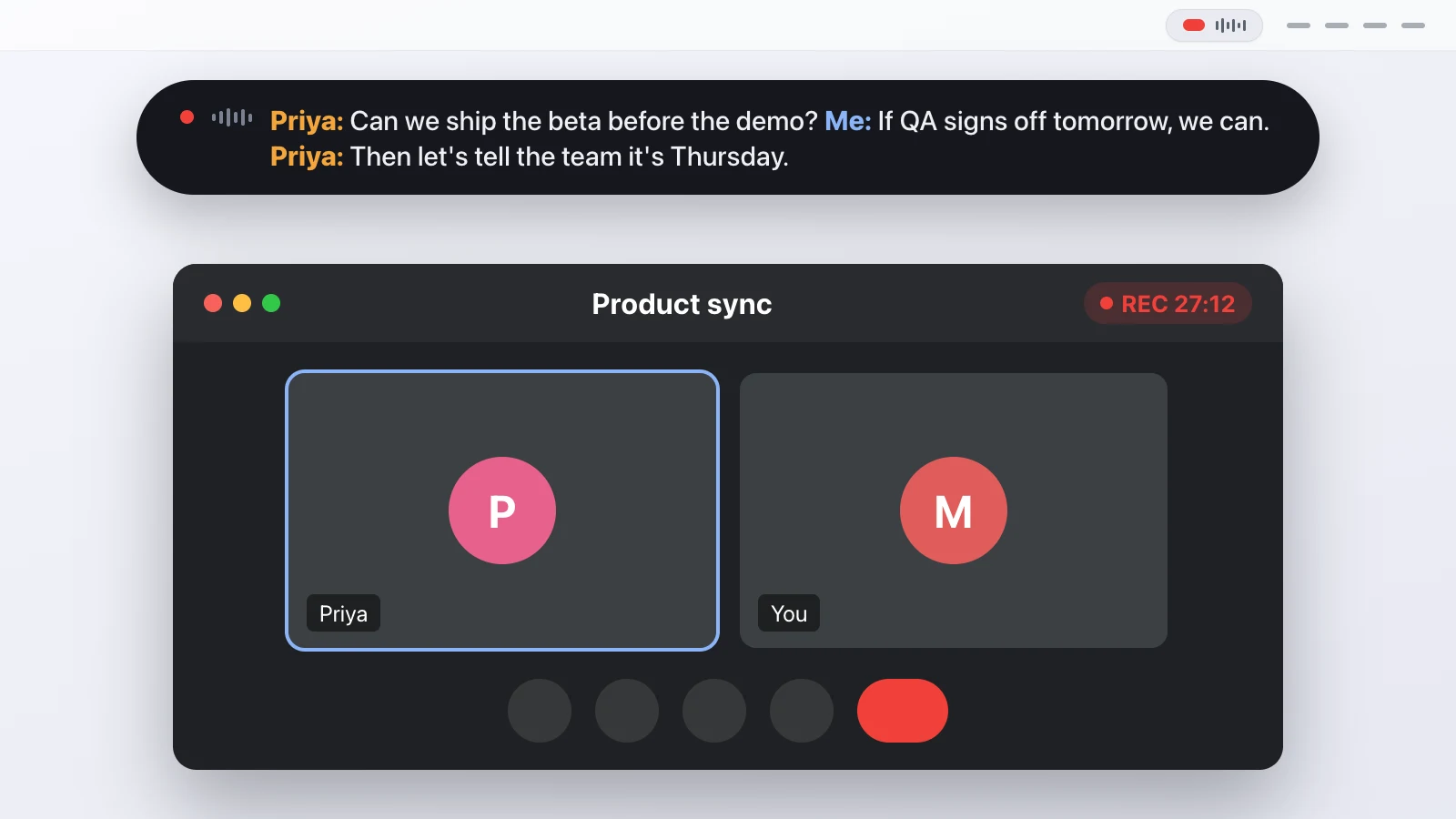 record google meet mac, the Transcriber recording pill and live transcript bar
